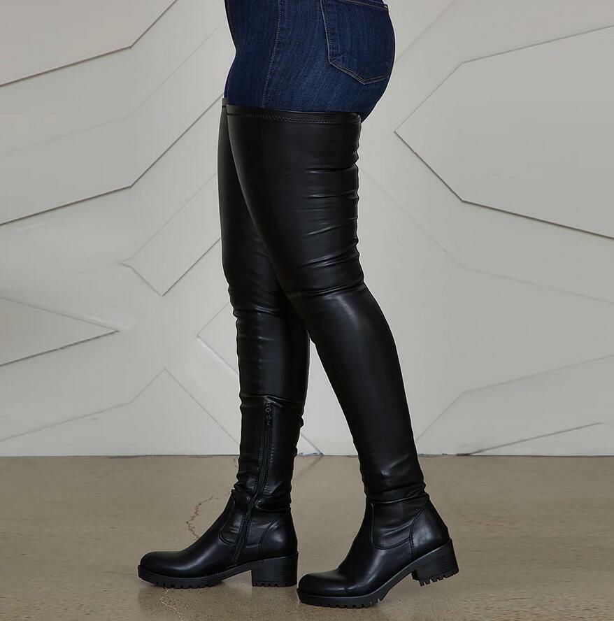 black leather thigh high boots flat
