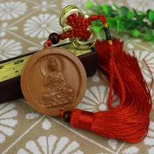 6*5.5Cm Chinese Wooden Round Lotus Guanyin Carved Sculpture Amulet Car Pendant