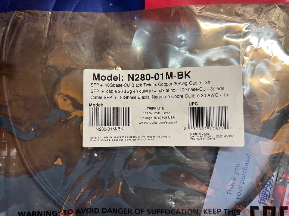 TRIPP LITE N280-01M-BK SFP+ 10G COPPER CABLE BLACK 3FT W7-2 - Image 2 of 3