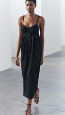 ZARA BLACK COMBINED SEQUINNED EMBROIDERED CROCHET KNIT MIDI DRESS SIZE S RRP £49