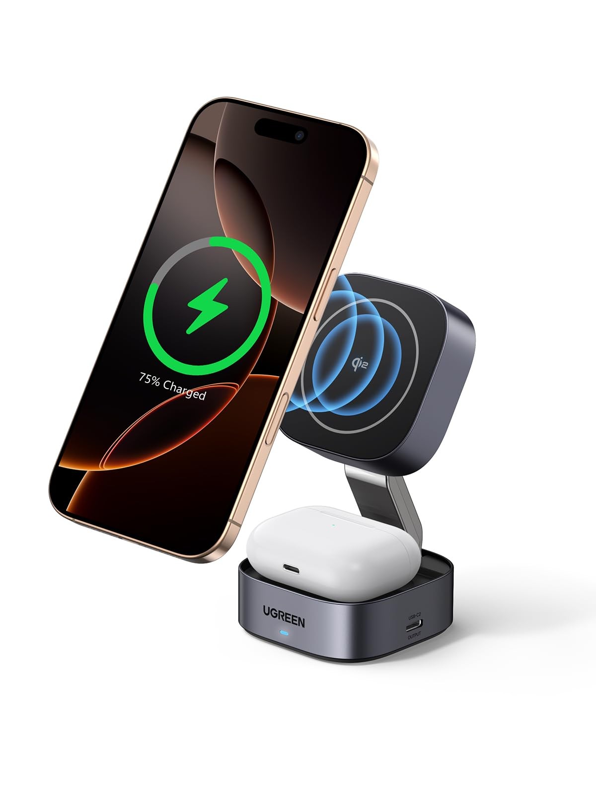 UGREEN 15W MagFlow for MagSafe Charger Qi2 Certified, 2-in-1 Wireless Charger, F