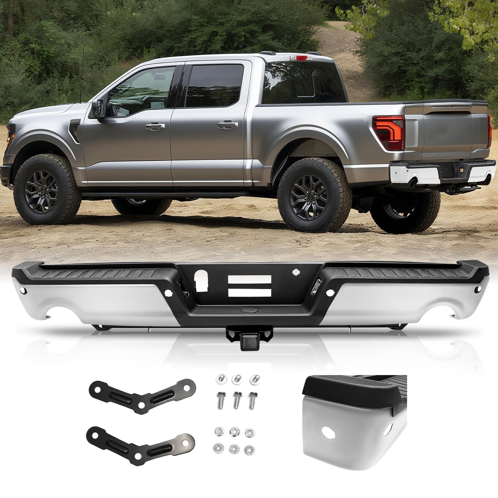 Rear Bumper for Ford F150 2021-2024 Max Tow Hitch Chrome Sensor Holes FO1103293
