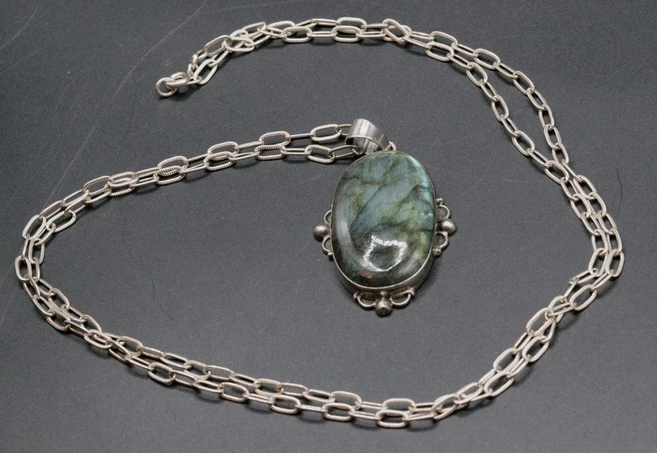 Collana Con Pendente In Argento .925 Pietra Dura, Vintage Anni 70/80 Originale - Immagine 2 di 4