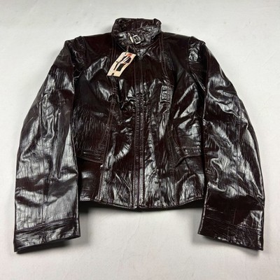 Womens New Glossy Burgundy Leather Jacket Cropped Biker Vintage Statement Coat