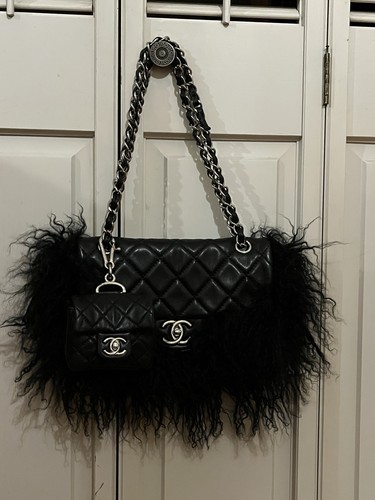 Chanel Black Lambskin With Micro Mini Charm Bag Medium Flap 