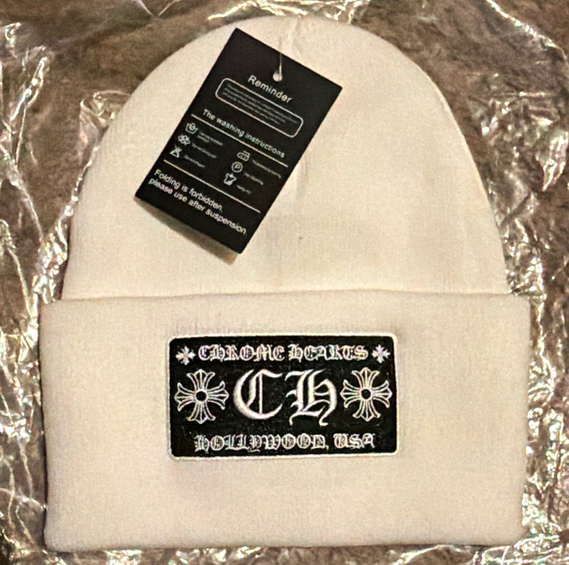 Chrome Hearts White Knit Beanie Hat CH Logo Patch One Size Unisex All Seasons