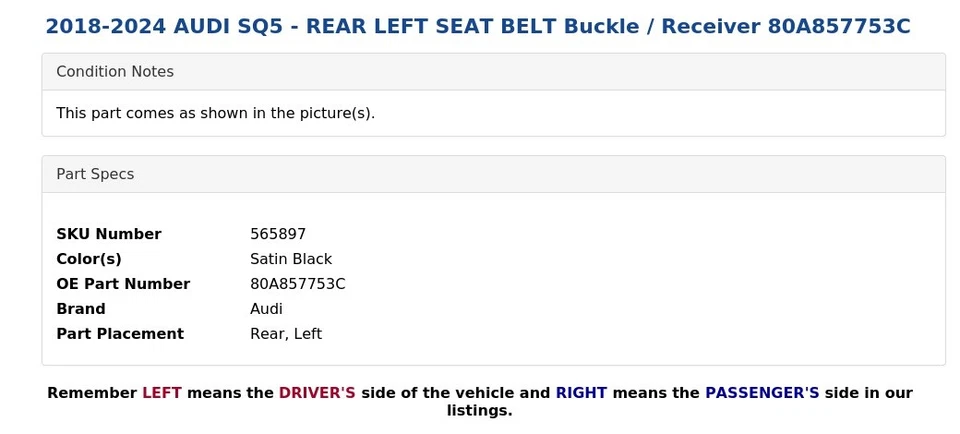 AUDI SQ5 2018-2024 - CINTURÓN DE SEGURIDAD TRASERO IZQUIERDO hebilla/receptor 80A857753C Foto 4 de 4