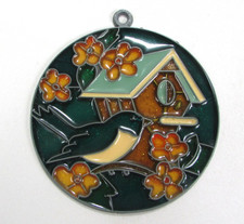 Vtg Sun Catcher Floral Bird House Stained Glass Hanging Panel 3.75  Decor