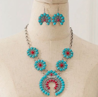 Squash Blossom Style Imitation Turquoise Necklace & Earrings Set Silver Tone