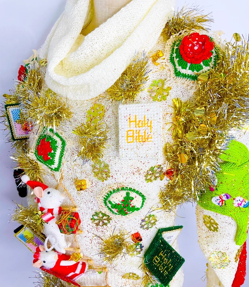 Suéter Feo Navidad Fiesta Divertido Feo De Colección Hecho a Mano Oropel Foto 2 de 4