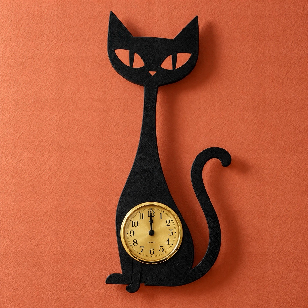 MID CENTURY MODERN BLACK CAT WALL CLOCK 17” RETRO ATOMIC GOLD DIAL MCM DECOR