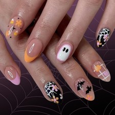 24Pcs Halloween Press on Nails Medium Almond Fake Nails Cute Ghost Bat Spider...