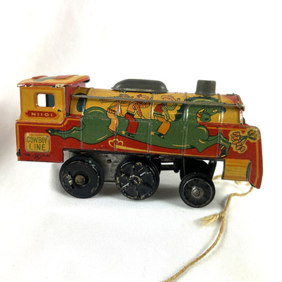 Cowboy Line Train Engine Vintage Pull Along Toy Tin Cowboys Indians NIIOI Japan