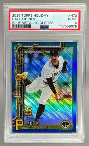 147559679 Paul Skenes 2025 Topps Holiday #H70 Blue Metallic Glitter PSA 6