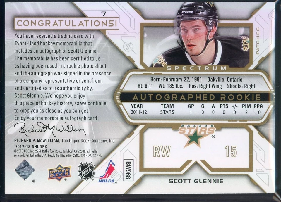 2012-13 SP Authentic SPx Inserts Rookie Patch Autographs #7 Scott Glennie 20/30 - Image 2 of 2