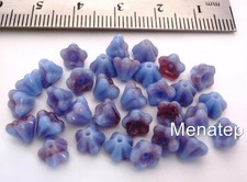 25 6 mm Czech Glass Baby Bell Flower Beads: Blue/Raspberry Swirl
