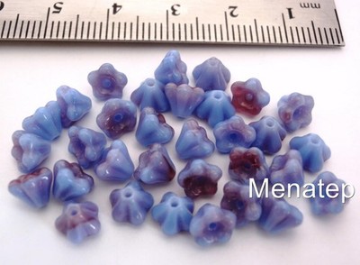 25  6 mm Czech Glass Baby Bell Flower Beads: Blue/Raspberry Swirl