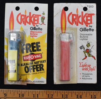 [ 1970s - 1980s Gillette Cricket Lighters (2) - Cricket Mascot / Ray-O-Vac ]