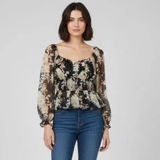 Lulus Top Womens Small Floral Smocked Peplum Crop Long Sleeve Black Multi