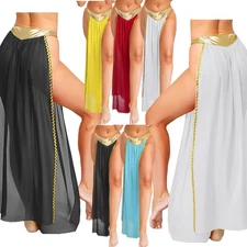 US Women Costumes Fancy Dress Skirt Party Rave Gold Trims Cleopatra Maxi Stage