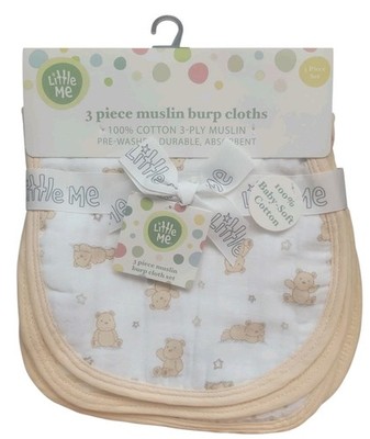 Little Me Baby 3 Piece Muslin Burp Cloths Drool Spit-up Towel Bear Stripe Stars