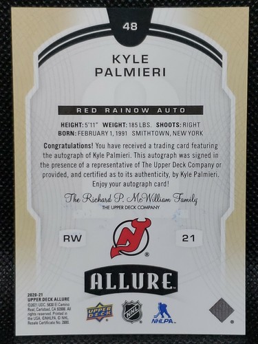 2020-21 Upper Deck Allure Hockey #48 Kyle Palmieri RED Rainbow AUTO!! - Picture 2 of 2