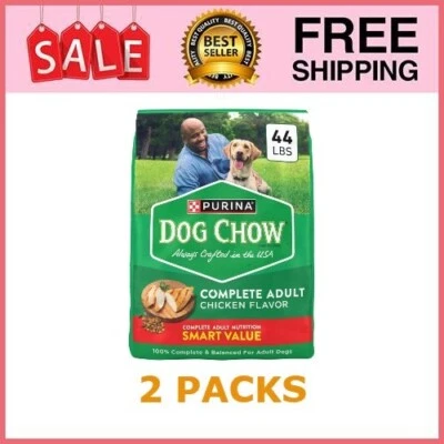 2P Purina Dog Chow Complete, Dry Dog Food, High Protein, Real Chicken, 44 lb Bag