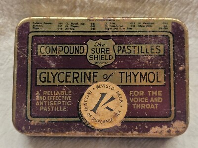 VINTAGE SURE SHIELD GLYCERINE OF THYMOL PASTILLES AWESOME PURPLE TIN EMPTY
