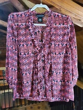 Attention Womens Top Blouse Large Sheer Ruffle Shirt Pink Plum Multicolor Print 