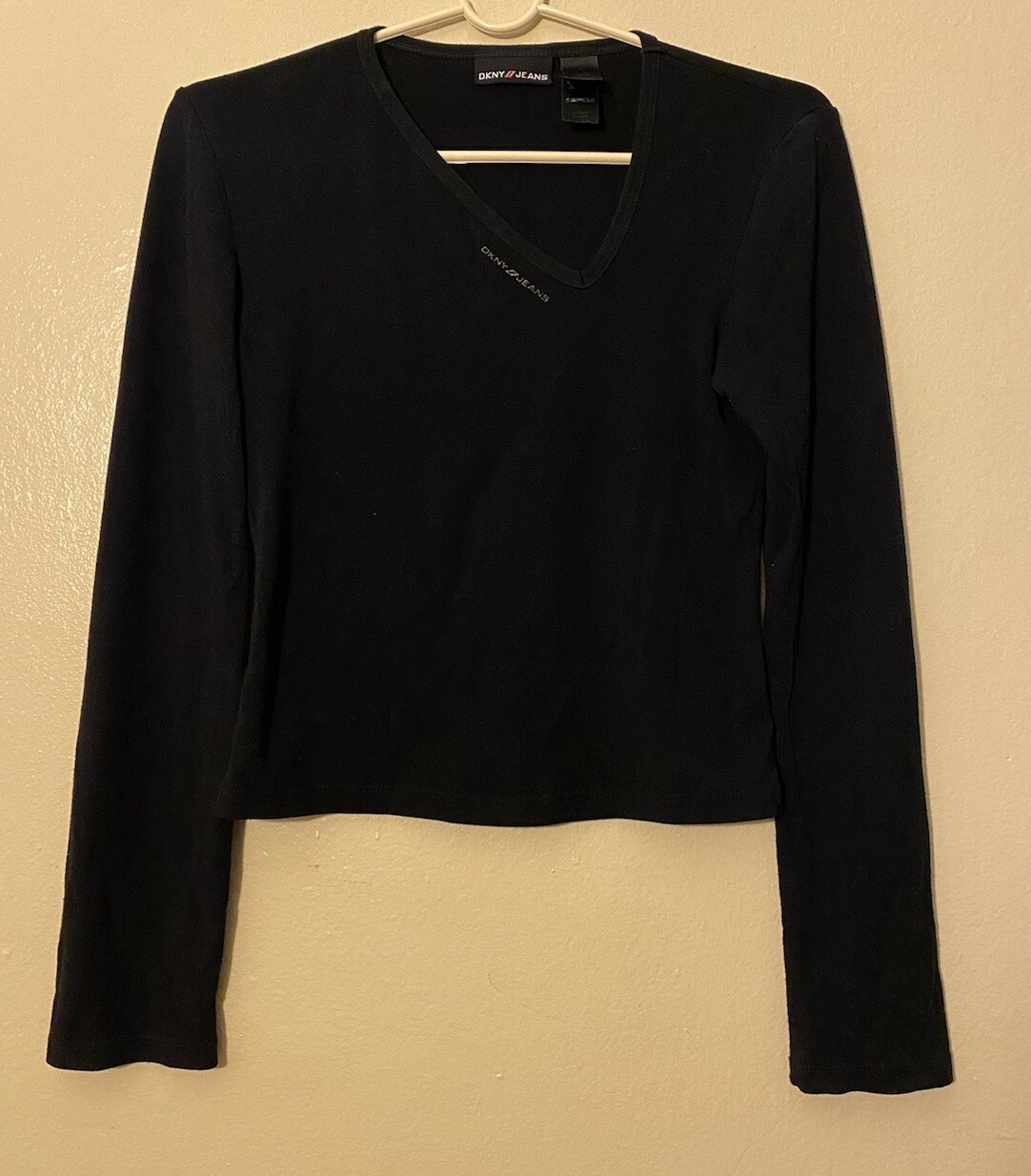 DKNY Blouse Top Black Asymmetric Neckline Long Sleeve Size Small