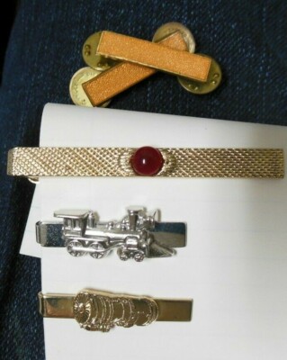 Lot of 5 tie bars ''stripes'' 3 clamp 2 tack Men's Swank Goldtone red stone