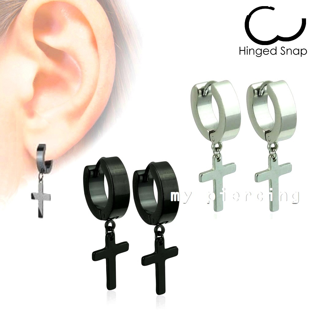Pair of Stainless Steel IP Black Huggie Hoop Earrings with Cross