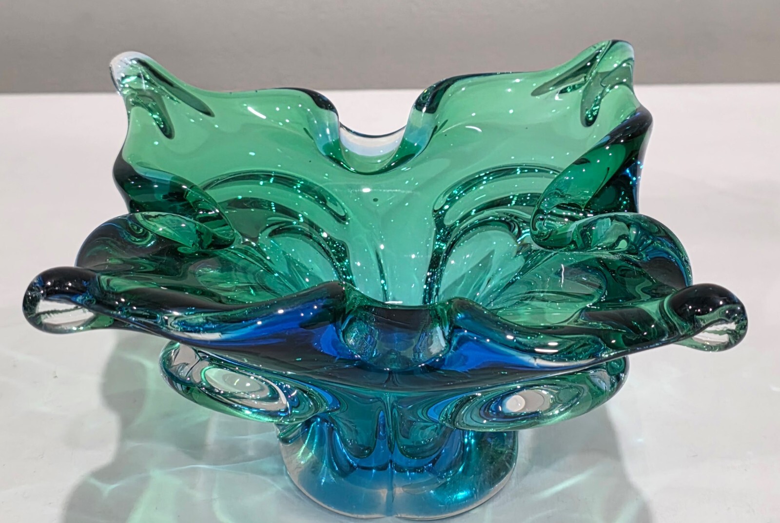 Vintage MCM Teal Blue Green Freeform Art Glass Ashtray Trinket Bowl