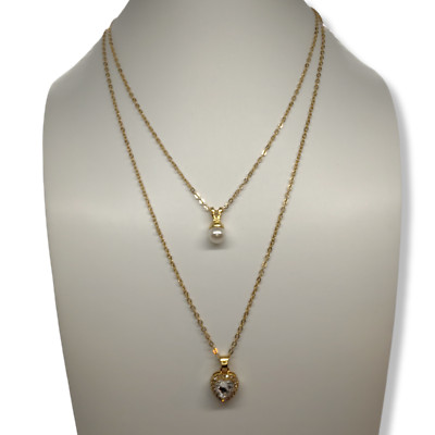 NEW VETTA 2 Strand GOLD Tone Necklace Faux PEARL Rhinestone HEART NWT