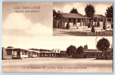 Gallup New Mexico NM Postcard Log Cabin Lodge Motel Inn Route 66 Dual View
