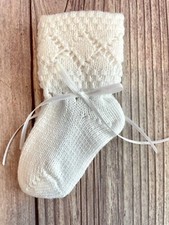 NWT Will'Beth White Knit Ribbon Socks Booties Baby Girls Boys Newborn 0 3 M