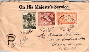 1946 Cayman Islands Stamps Georgetown Registered Mail Cover to USA IL Chicago
