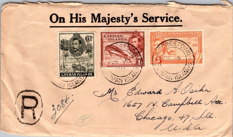 1946 Cayman Islands Stamps Georgetown Registered Mail Cover to USA IL Chicago