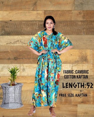 Turquoise Frida Cotton Caftan Handmade Printed Kaftan Beach Nightwear Dress US