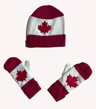 Maple Leaf Beanie Hat Mittens Gloves Set, Canadian Themed Beanie Mitten Set 105 