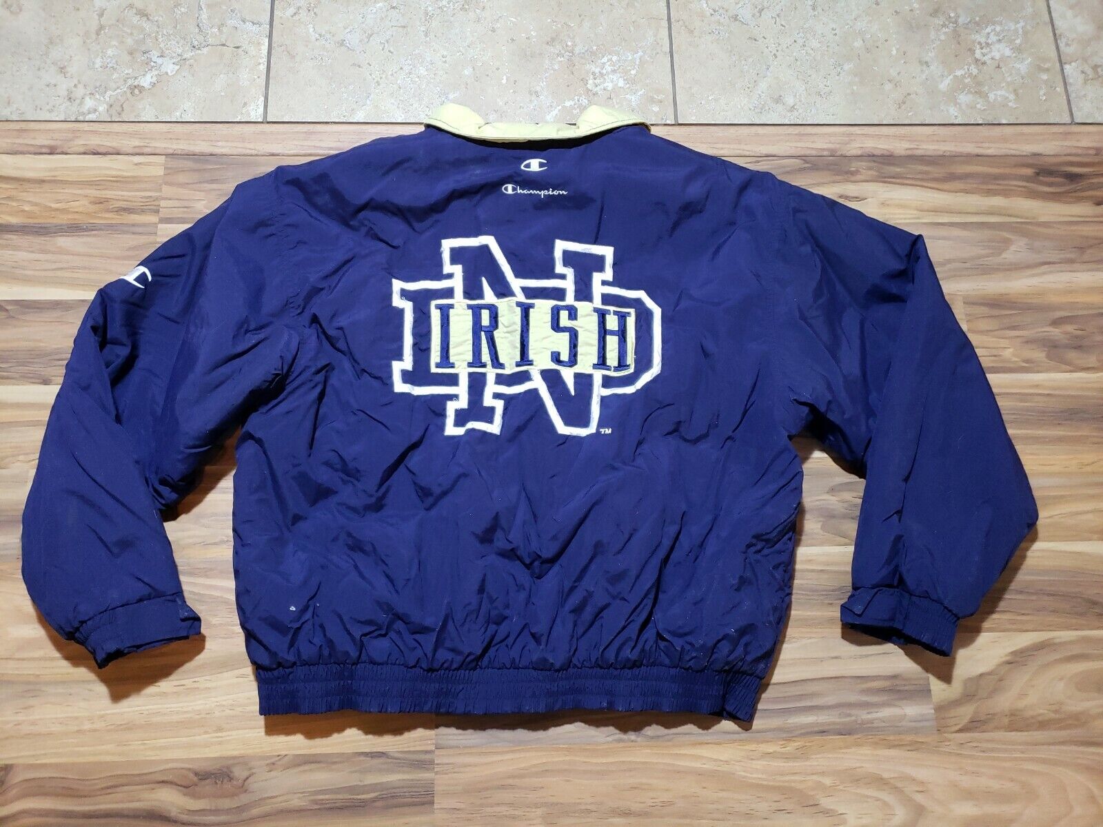 Vintage 1990s Notre Dame Authentic Champion Team Issued Blue Gold Jacket Sz  L