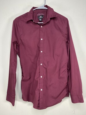 h&m maroon dress shirt H&M SLIM FIT Button Up Shirt Top Men's Small Maroon Easy Iron Casual