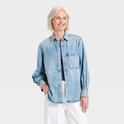 Women Embroidered Denim Shirt - Universal Thread Medium Wash M