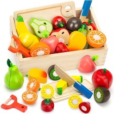 Wooden Play Food Set for Toddlers Toys Pretend Play Kitchen Accessories Fruit...