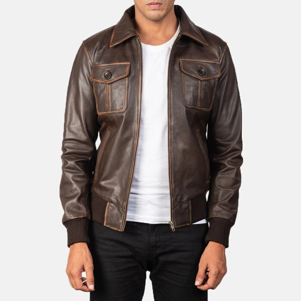 Men 100% Real Leather Handmade Pure Lambskin Bomber Dark Brown