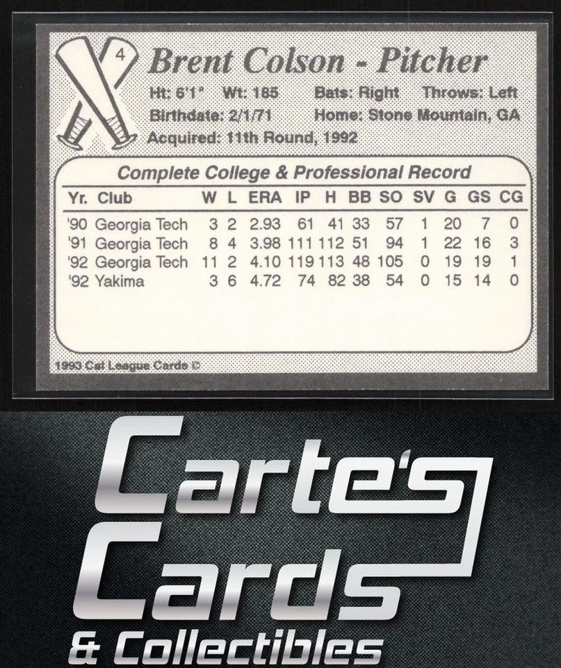 Brent Colson 1993 Cal League Bakersfield Dodgers #4 Bakersfield Dodgers - Image 2 of 2