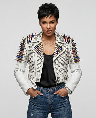 Women's Brando Studded Motorcycle Genuine Leather Jacket   Gothic Punk Rockstar 