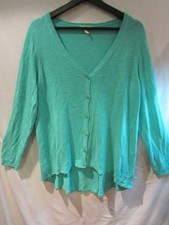 EILEEN FISHER 1X Teal Organic Linen Button V-Neck Hi-Lo Hem Cardigan Sweater