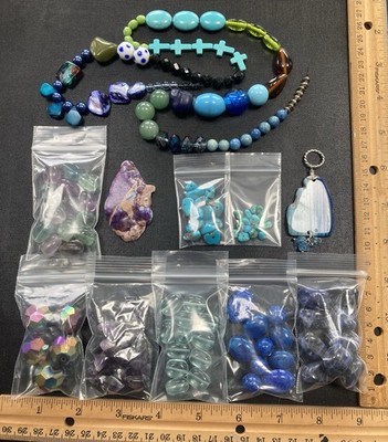 Bead Lot Mostly Stone Glass/Other Harvest Jewelry Making Turquoise Blue Purple