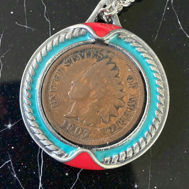 Vintage 1907 Indian Head Penny Pendant Necklace signed 2013 FCM